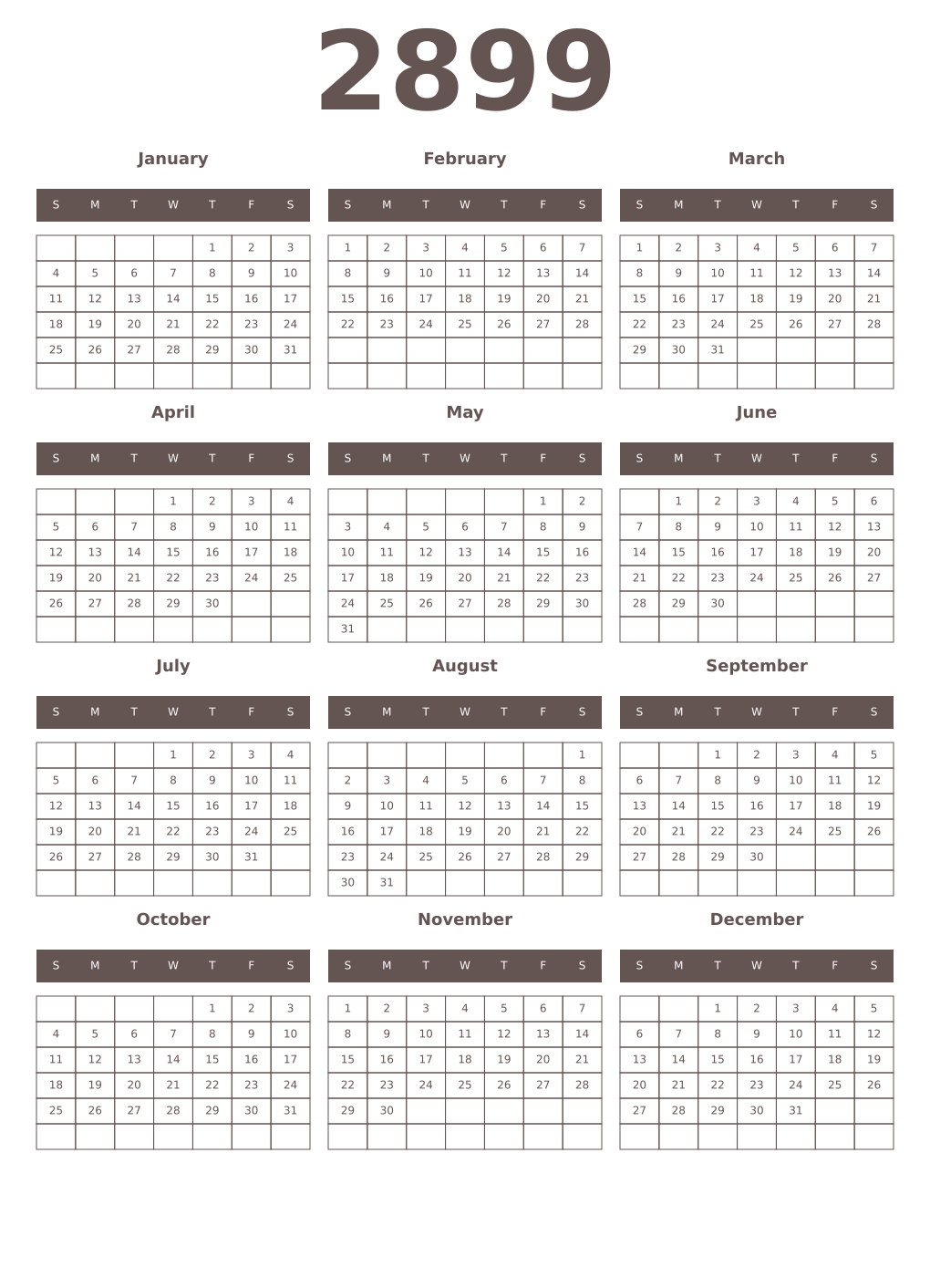 Printable 2899 Year Calendars wenge