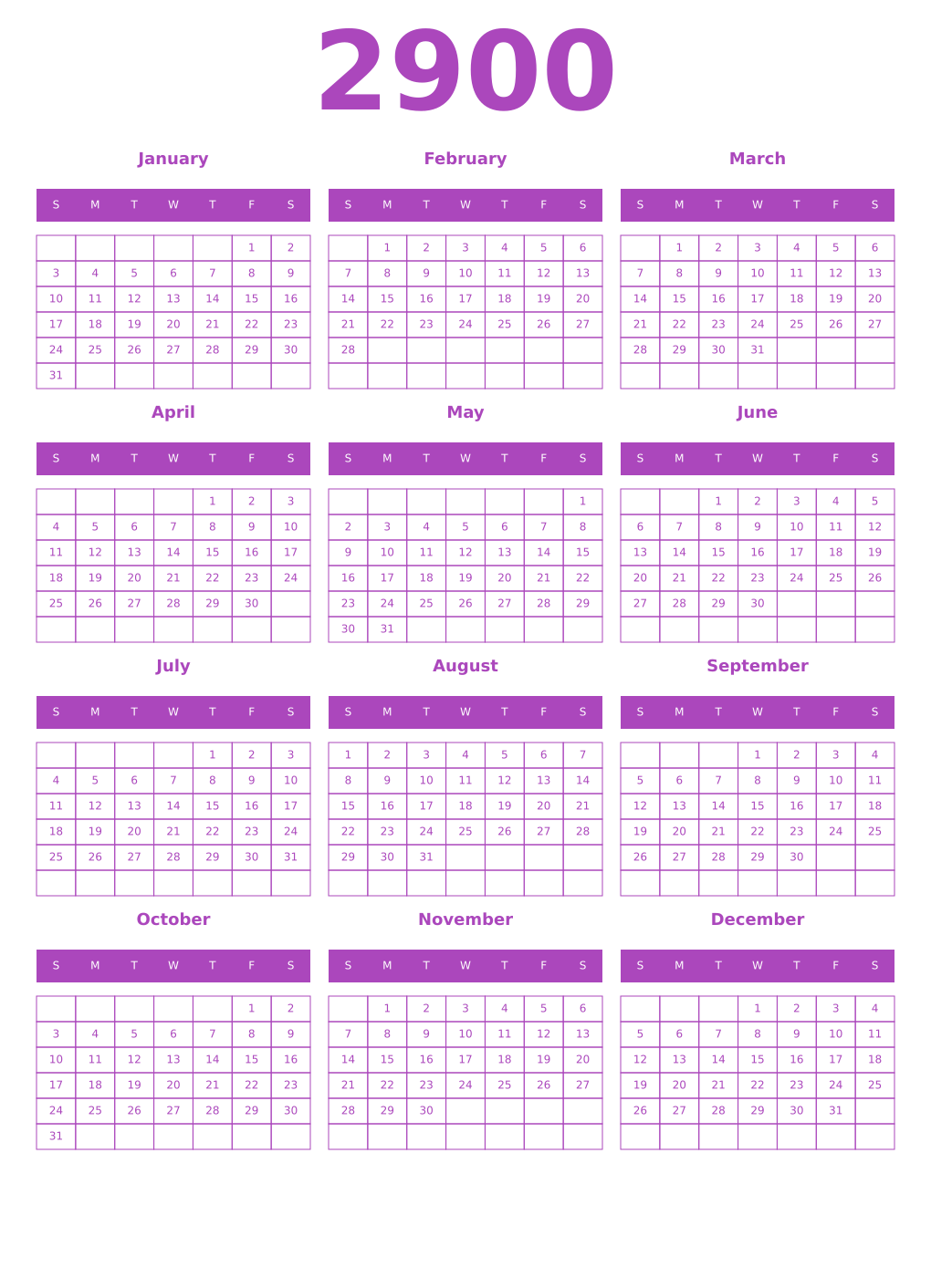 Printable 2900 Year Calendars purple