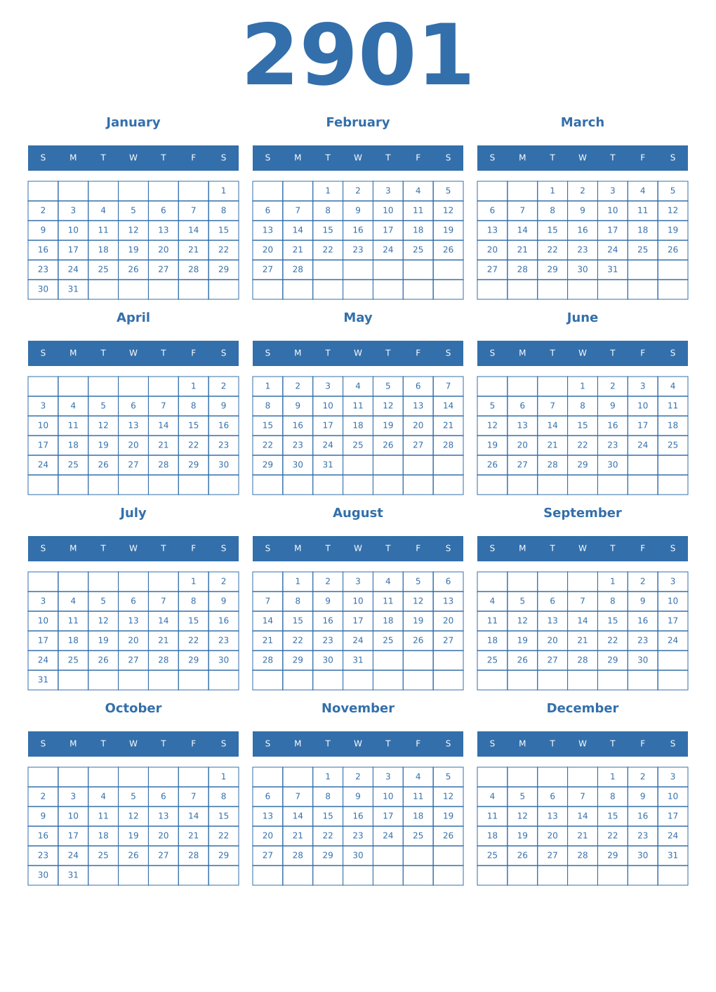 Printable 2901 Year Calendars blue