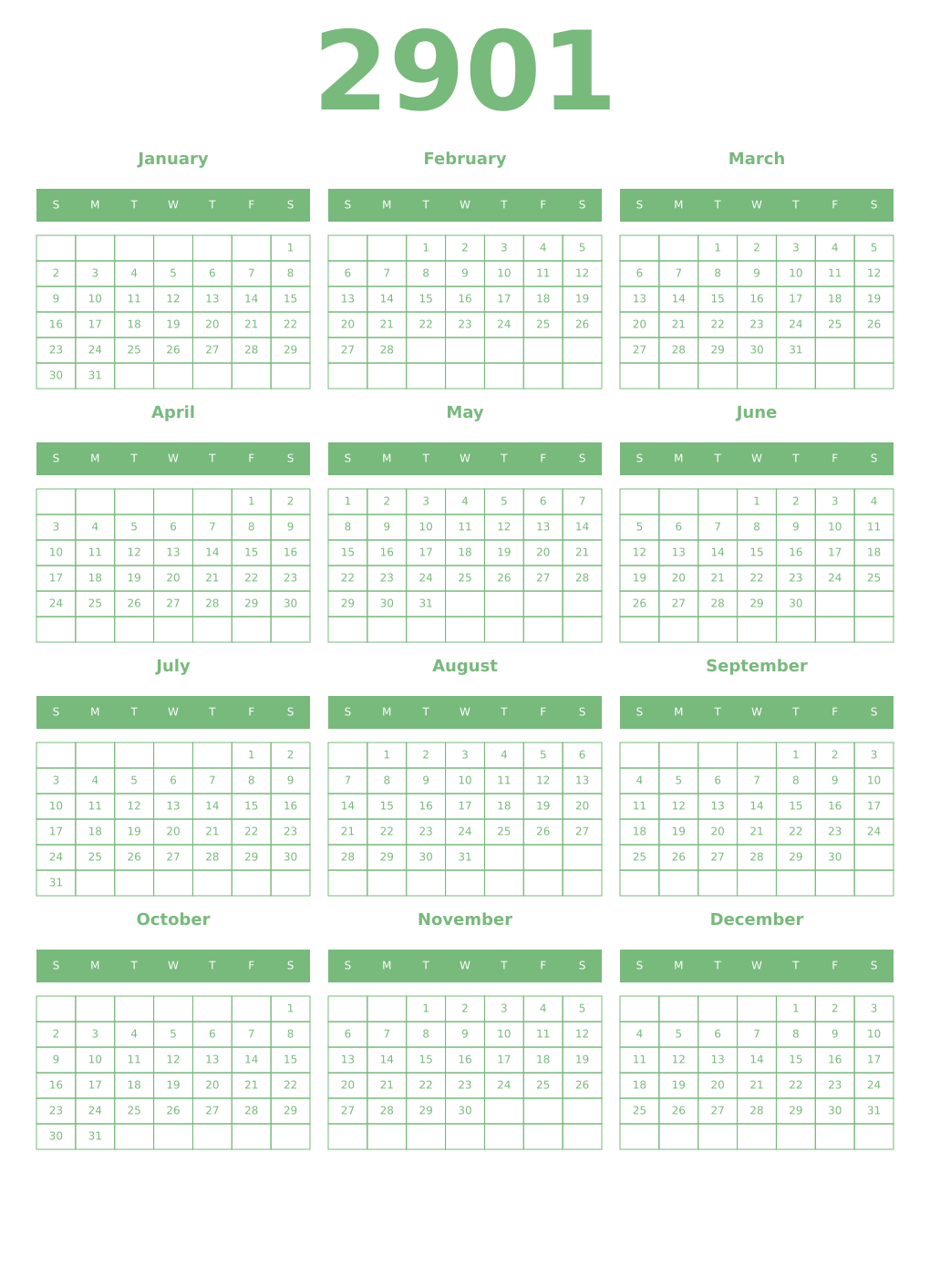 Printable 2901 Year Calendars celadon