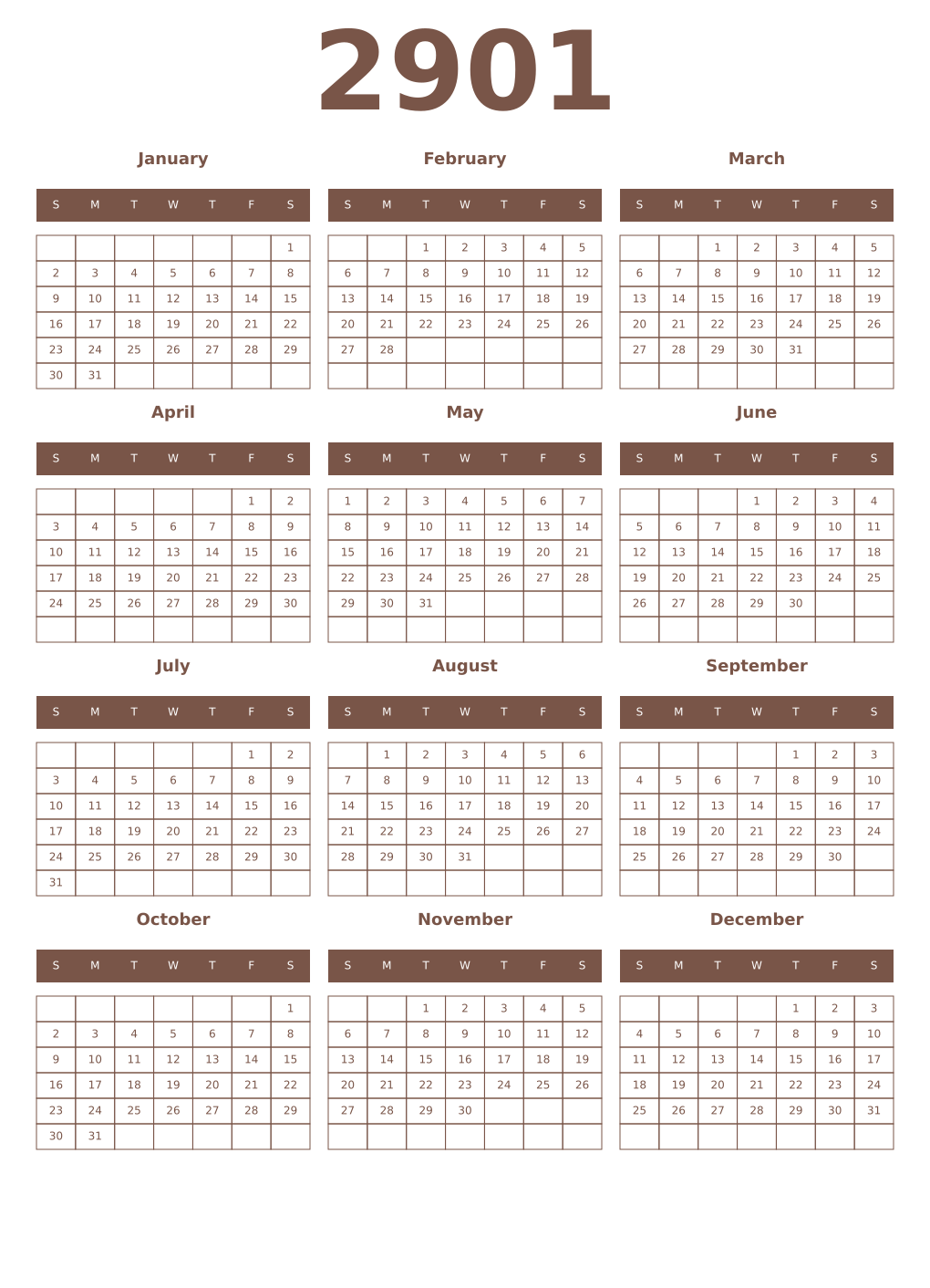 Printable 2901 Year Calendars coffe