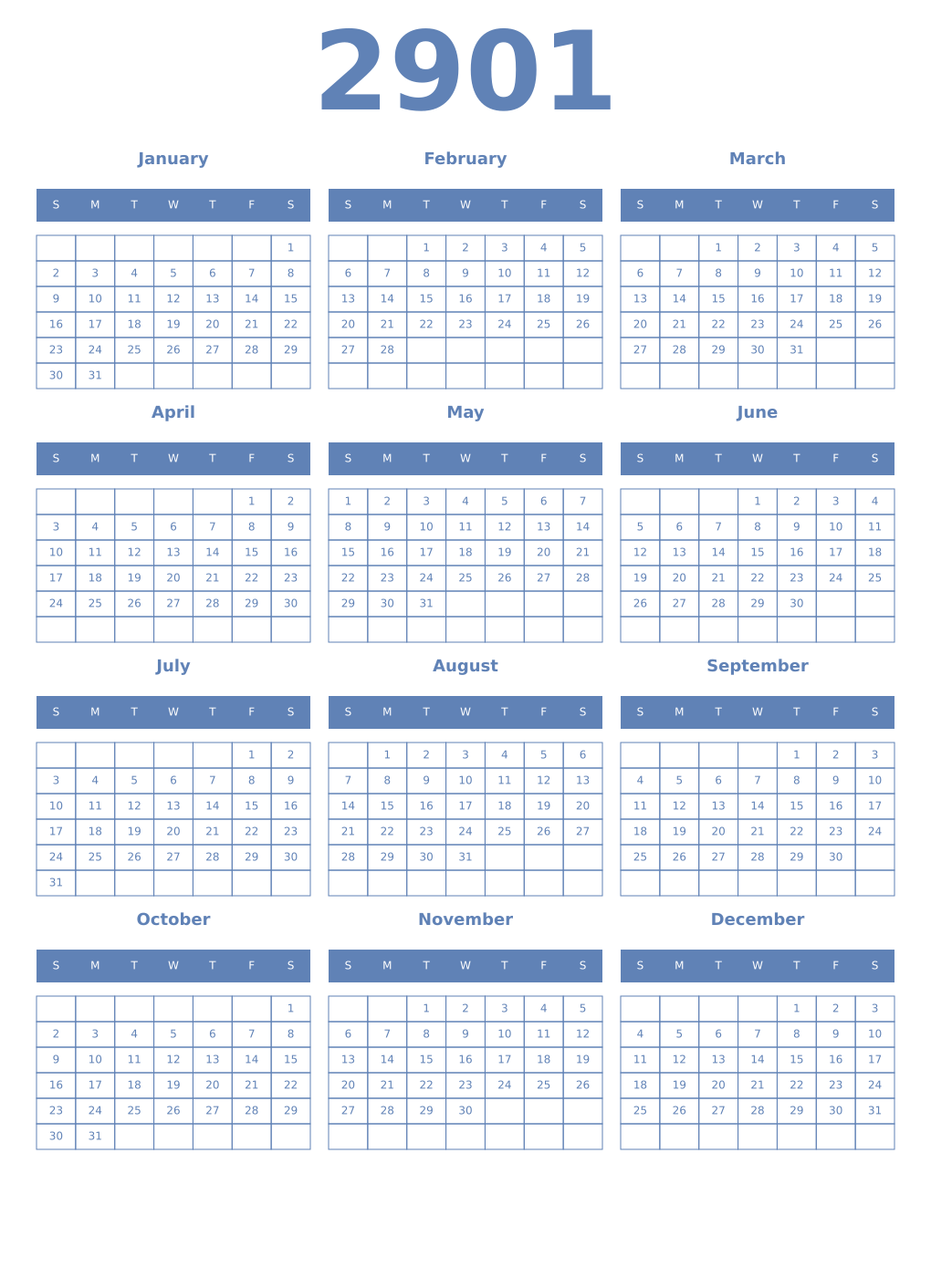 Printable 2901 Year Calendars glaucous