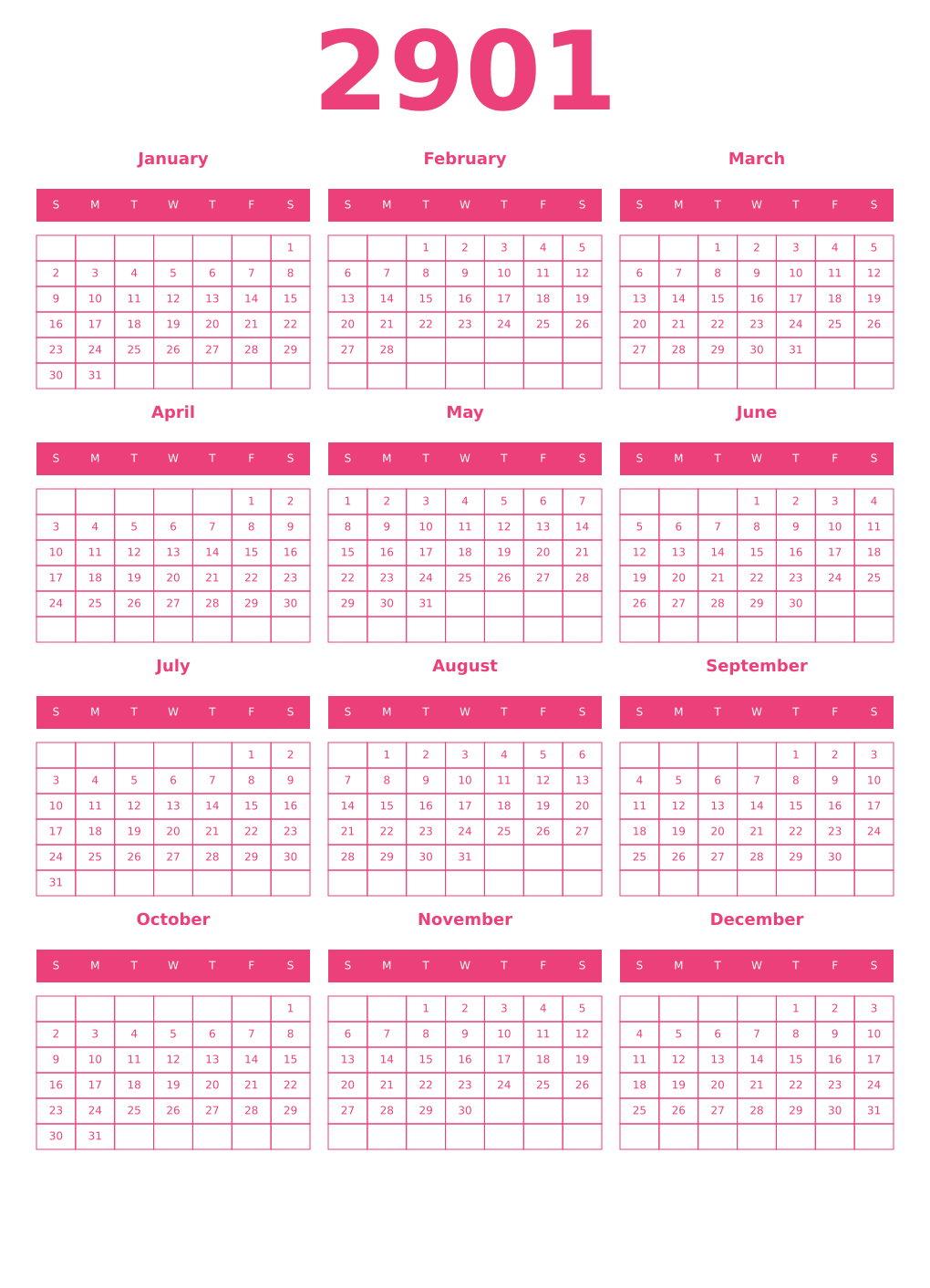 Printable 2901 Year Calendars pink