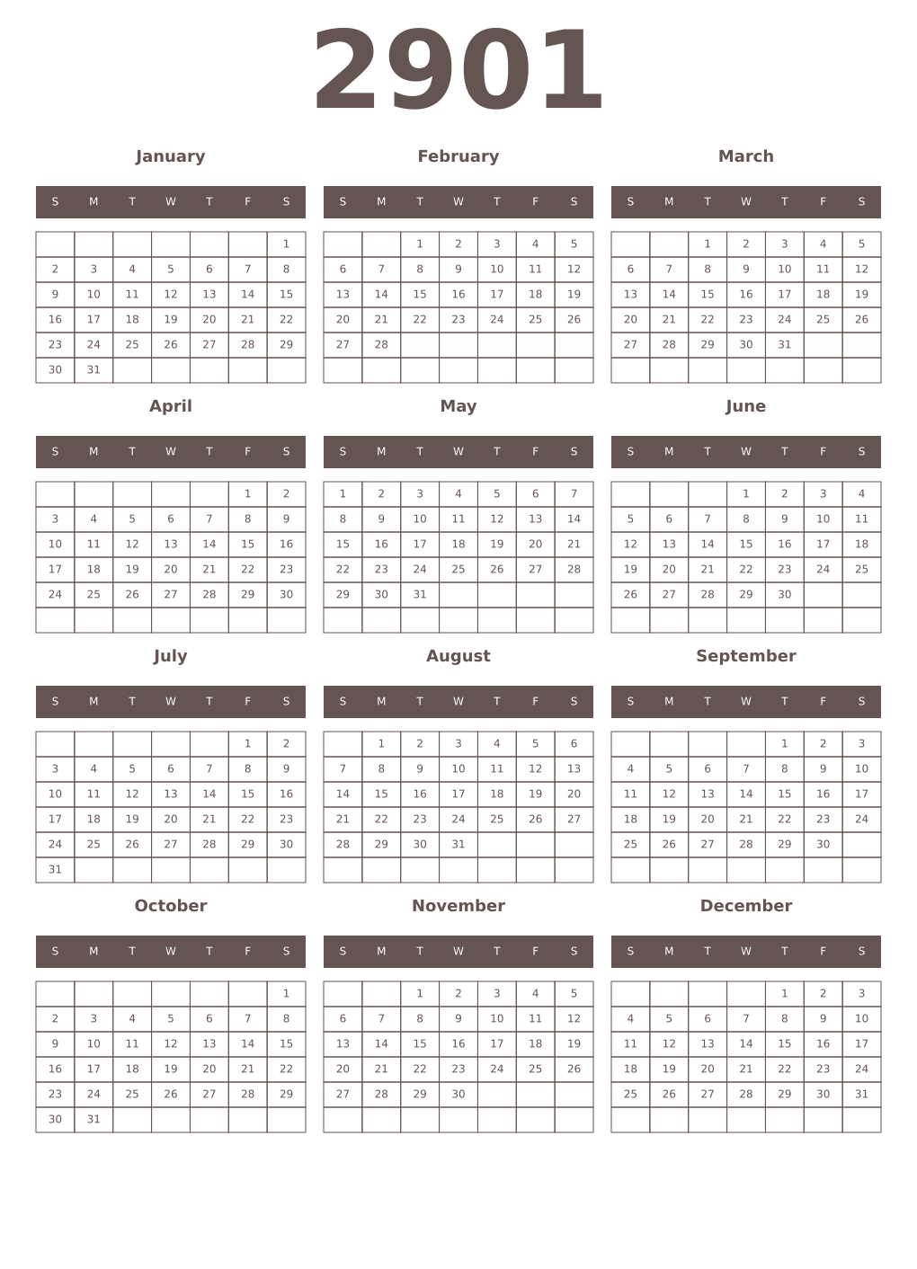 Printable 2901 Year Calendars wenge