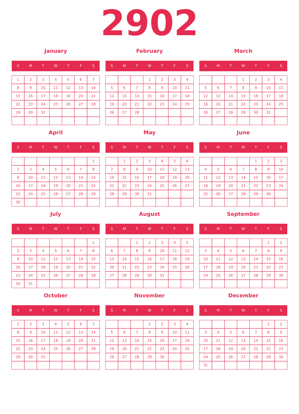 Printable 2902 Year Calendars amaranth