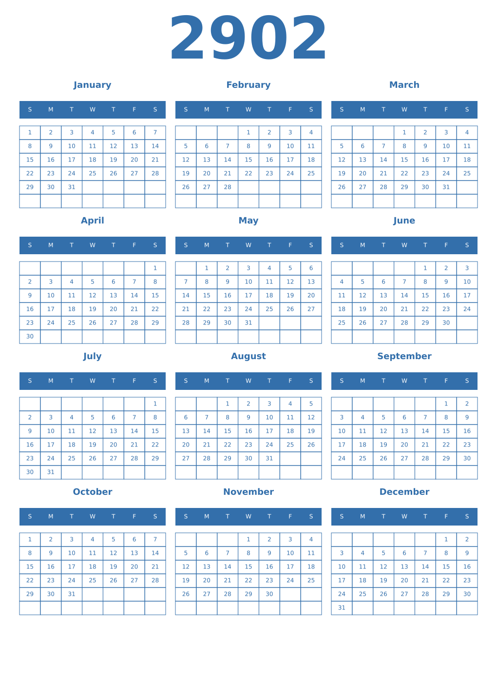 Printable 2902 Year Calendars blue