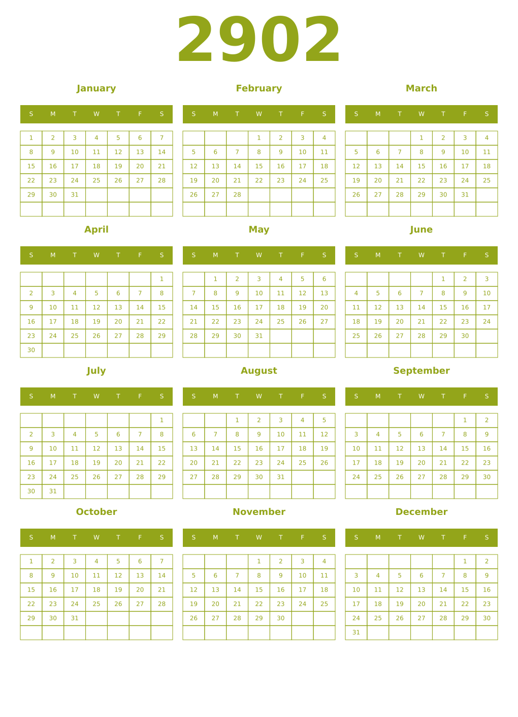 Printable 2902 Year Calendars chartreuse