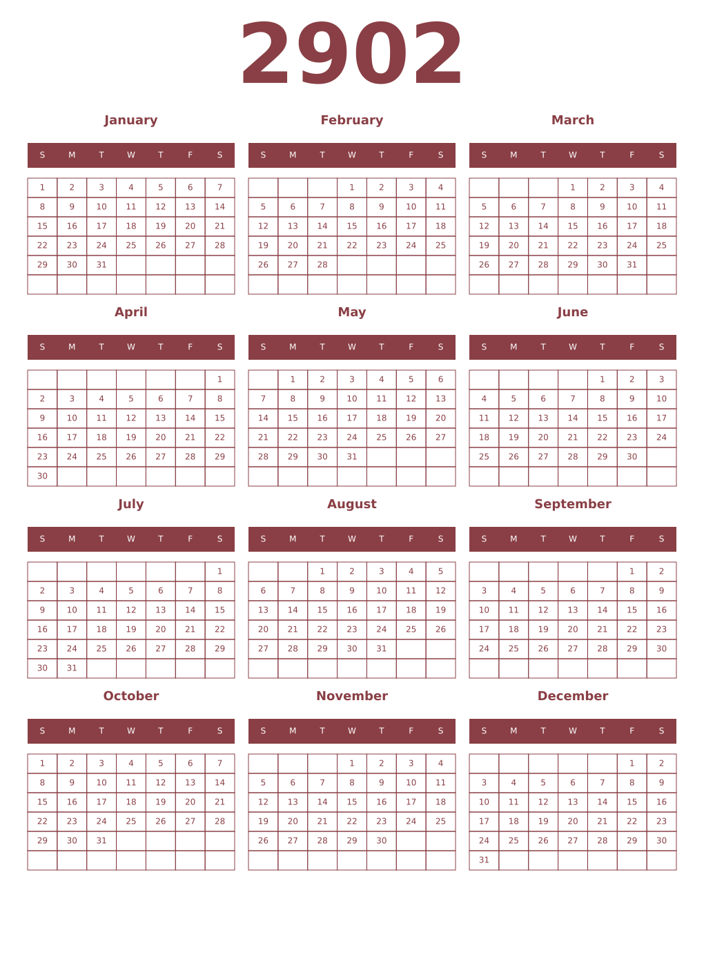 Printable 2902 Year Calendars cordovan
