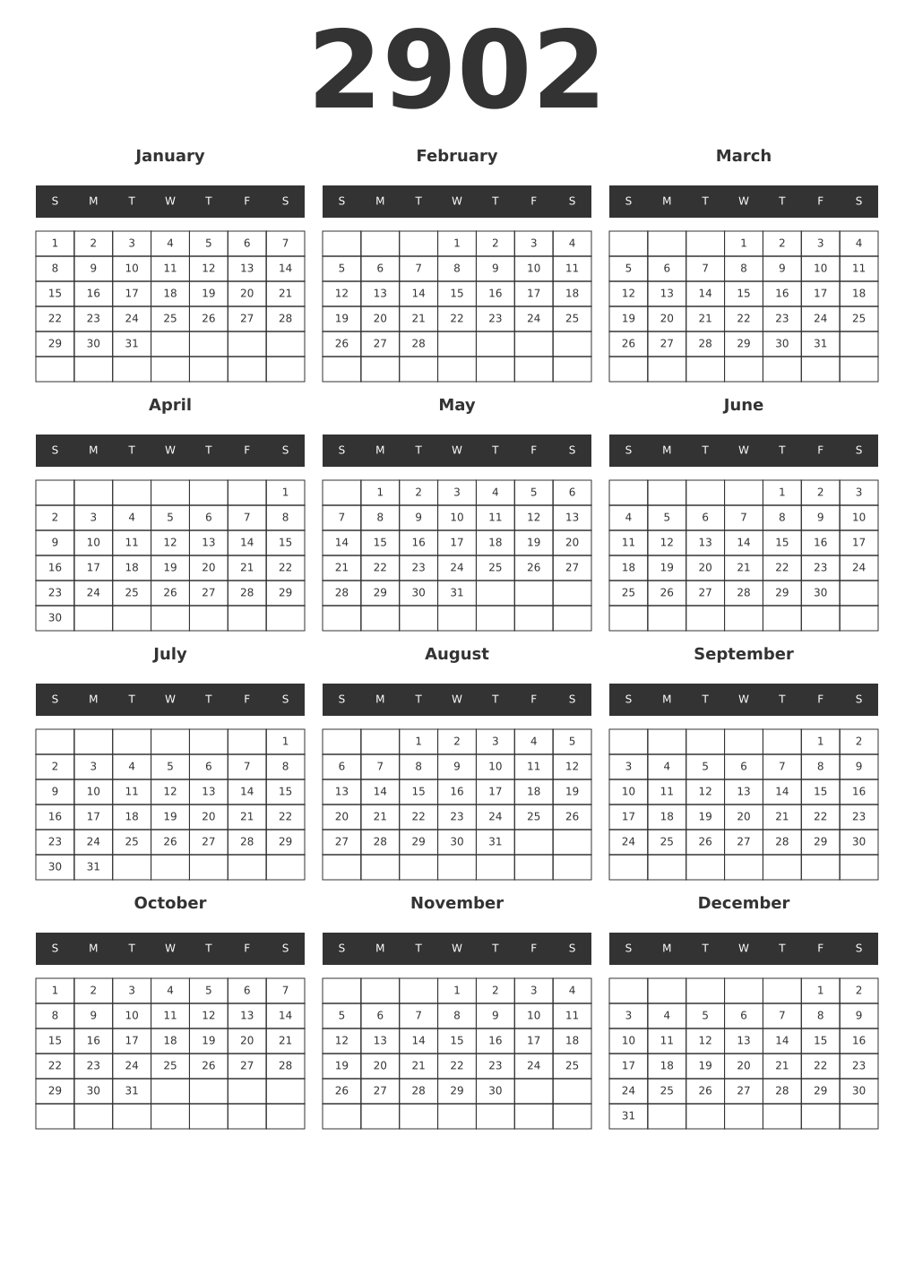 Printable 2902 Year Calendars dark