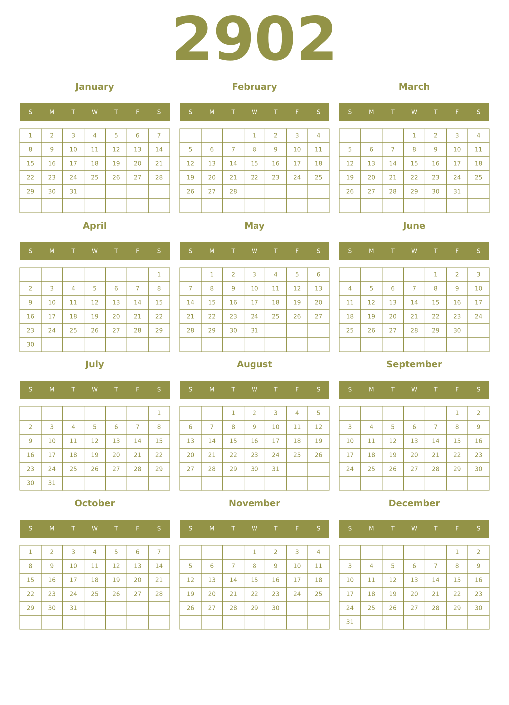 Printable 2902 Year Calendars eburnean