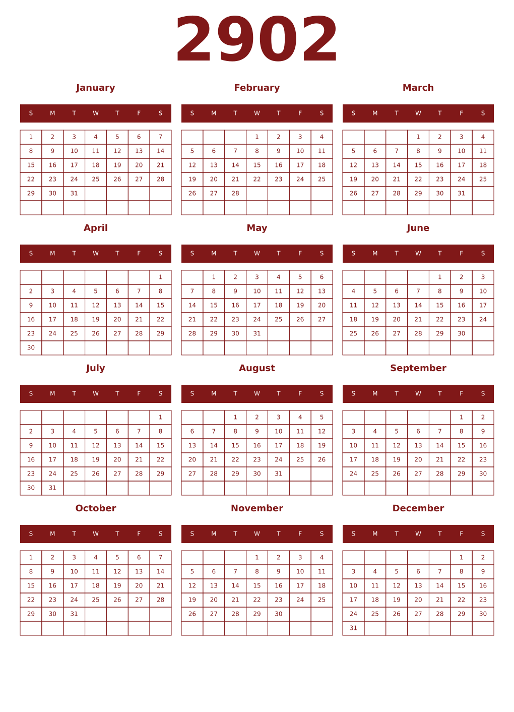 Printable 2902 Year Calendars falu