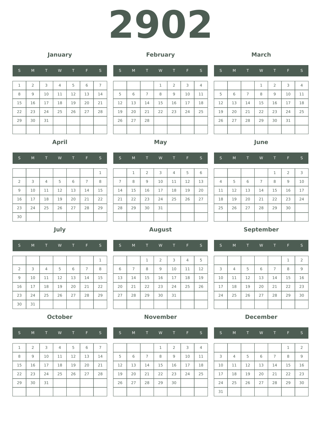 Printable 2902 Year Calendars feldgrau