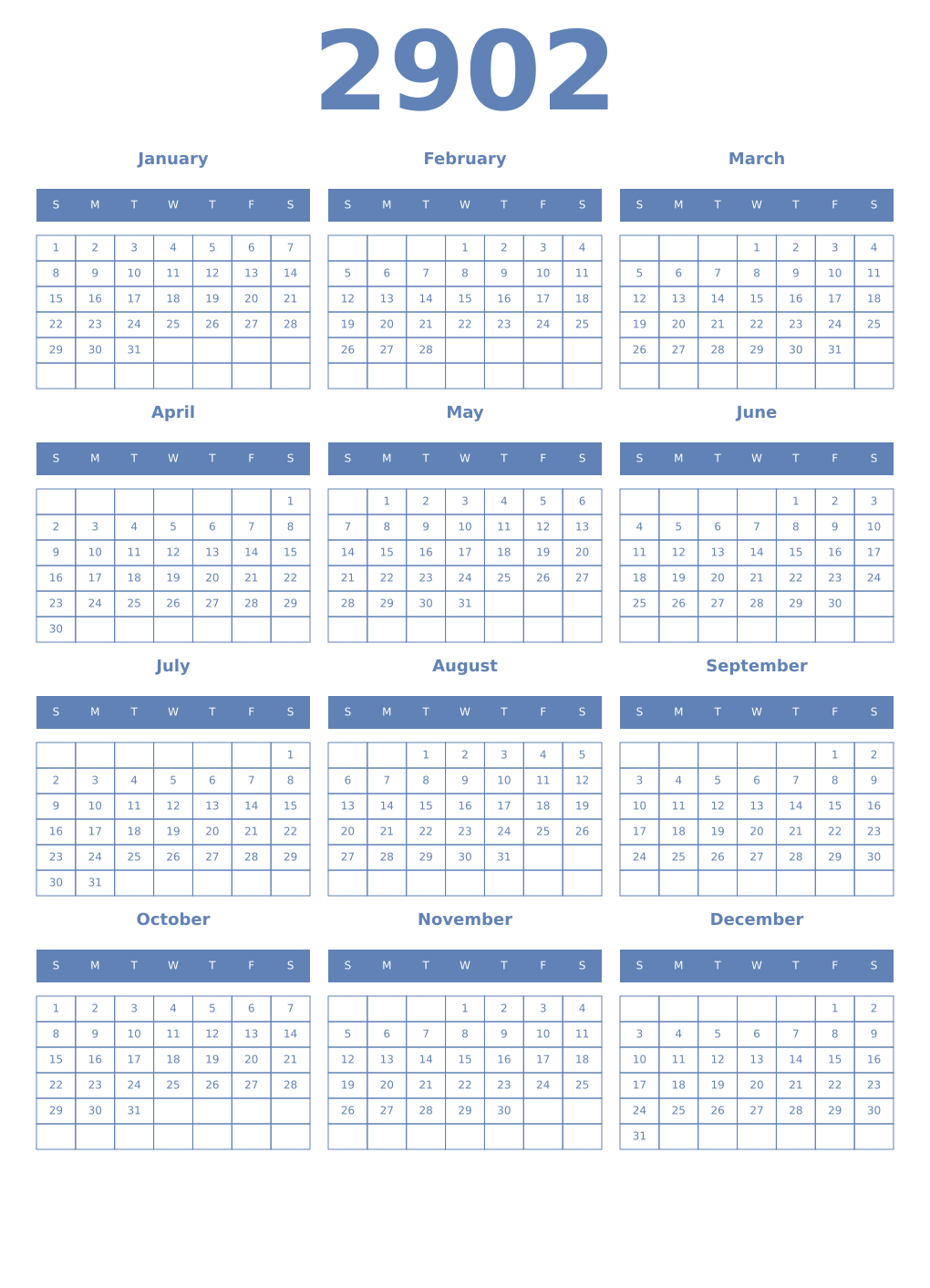 Printable 2902 Year Calendars glaucous
