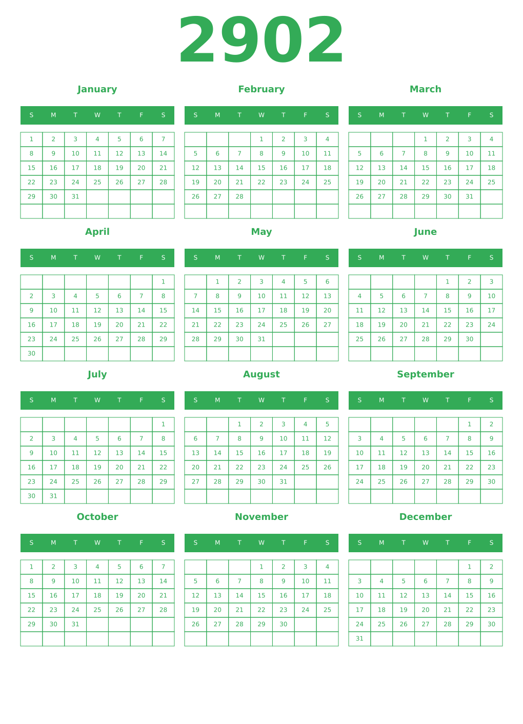 Printable 2902 Year Calendars green