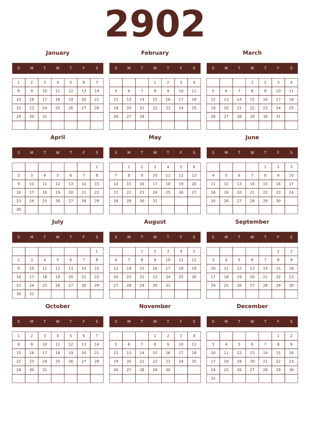 Printable 2902 Year Calendars mortuum