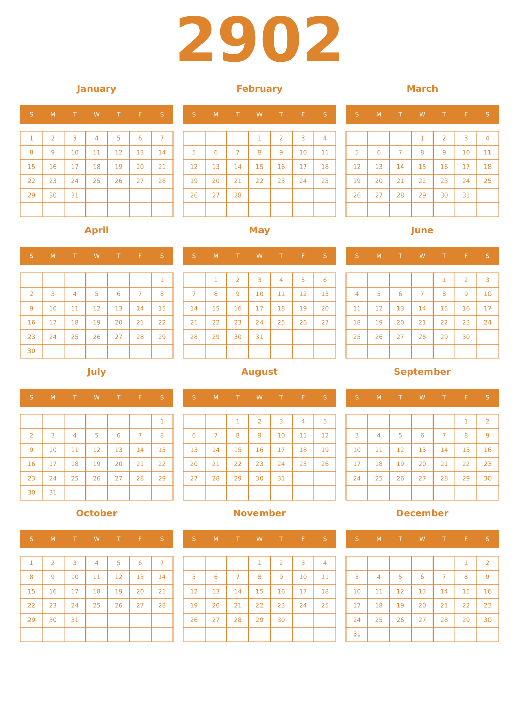 Printable 2902 Year Calendars orange