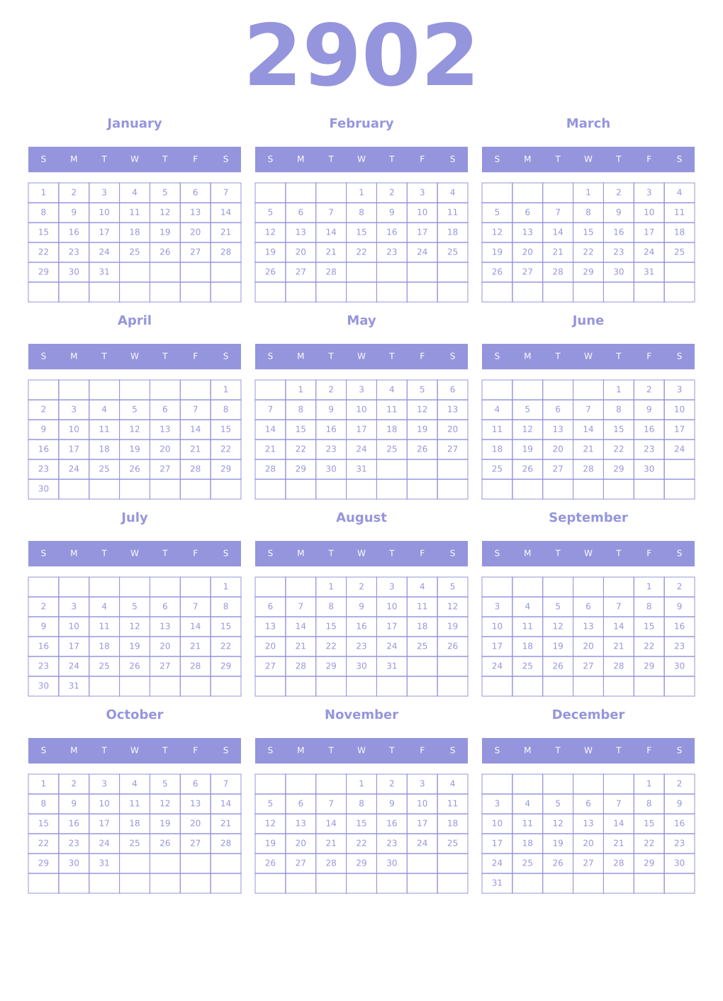 Printable 2902 Year Calendars periwinkle
