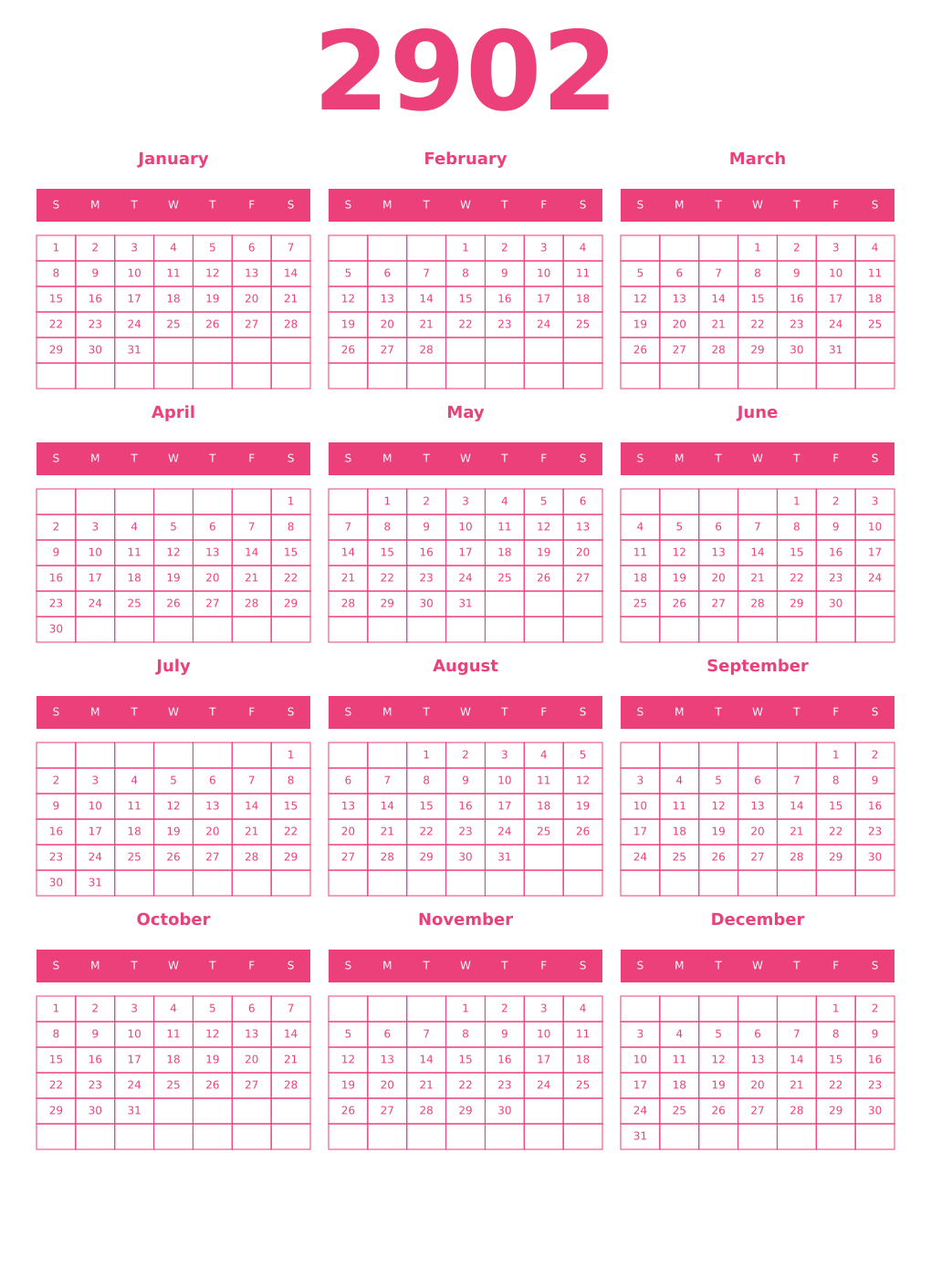 Printable 2902 Year Calendars pink