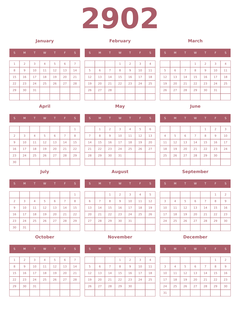 Printable 2902 Year Calendars puce