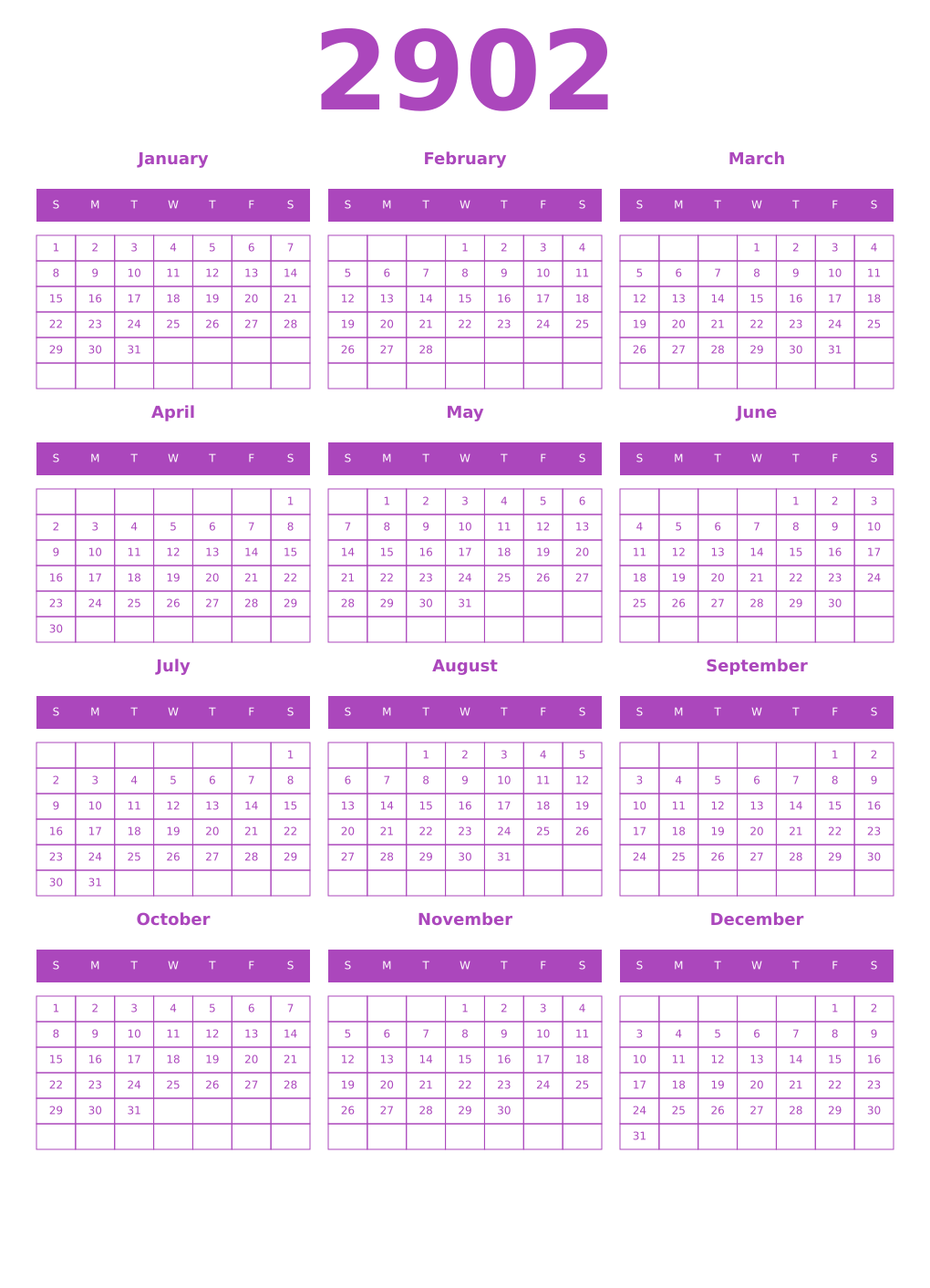 Printable 2902 Year Calendars purple