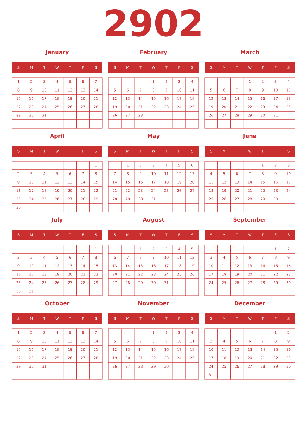 Printable 2902 Year Calendars red