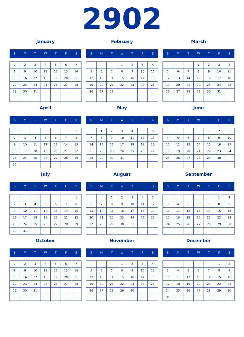 Printable 2902 Year Calendars smalt