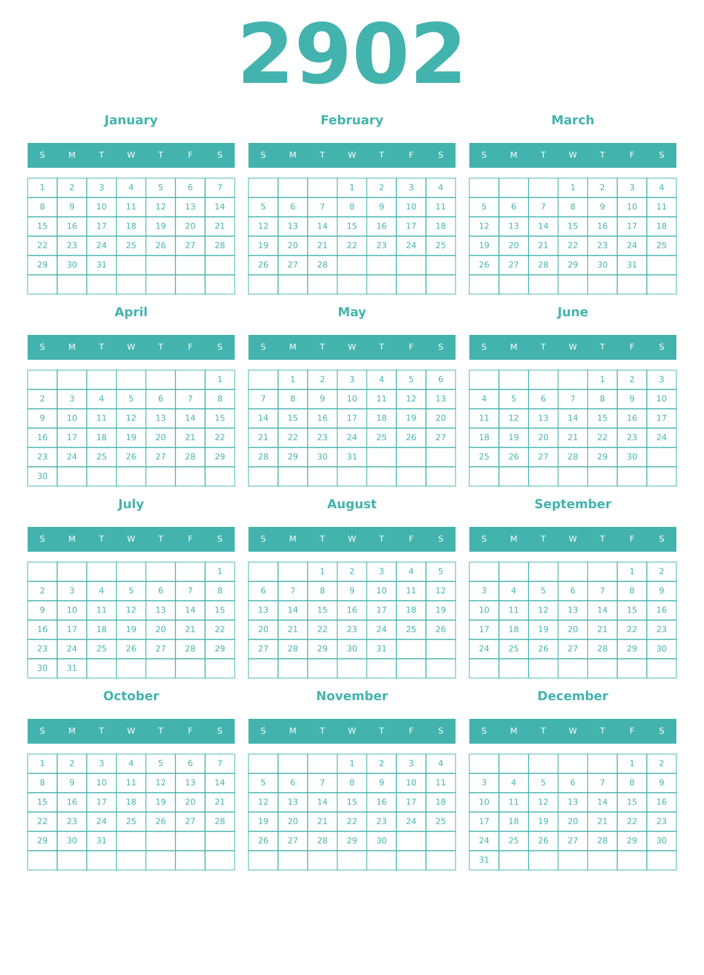 Printable 2902 Year Calendars verdigris