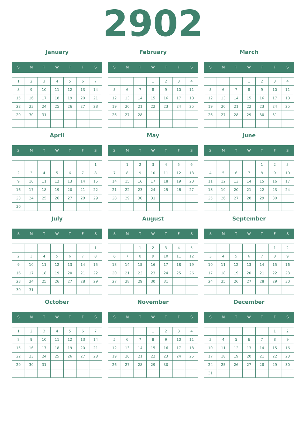 Printable 2902 Year Calendars viridian