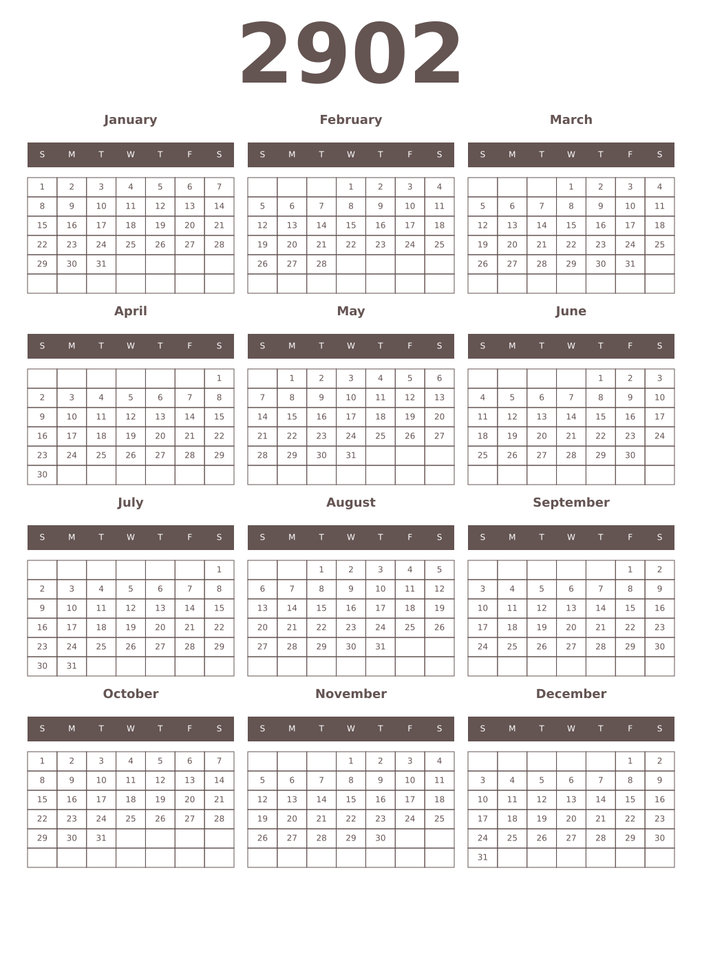 Printable 2902 Year Calendars wenge