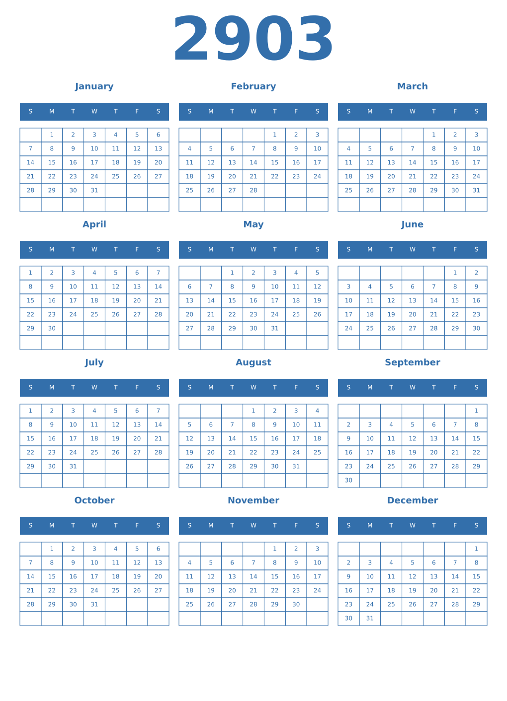 Printable 2903 Year Calendars blue