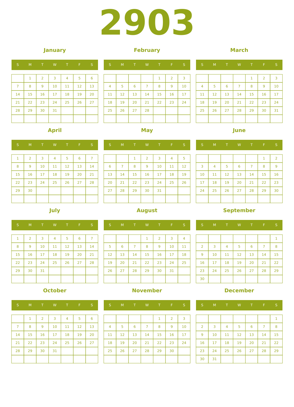Printable 2903 Year Calendars chartreuse