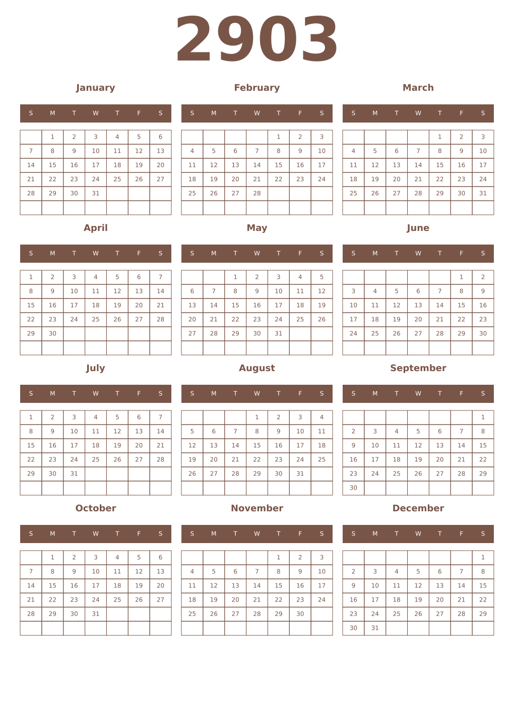 Printable 2903 Year Calendars coffe