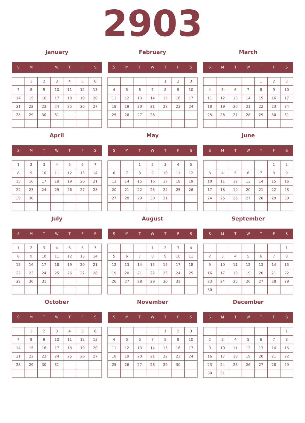 Printable 2903 Year Calendars cordovan
