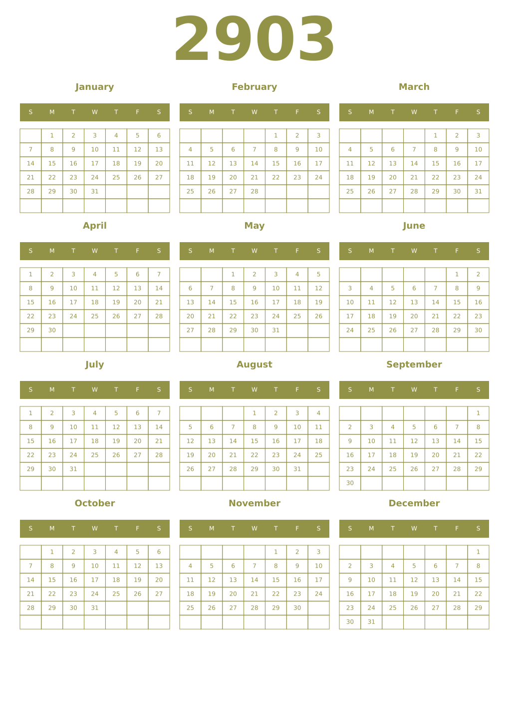 Printable 2903 Year Calendars eburnean