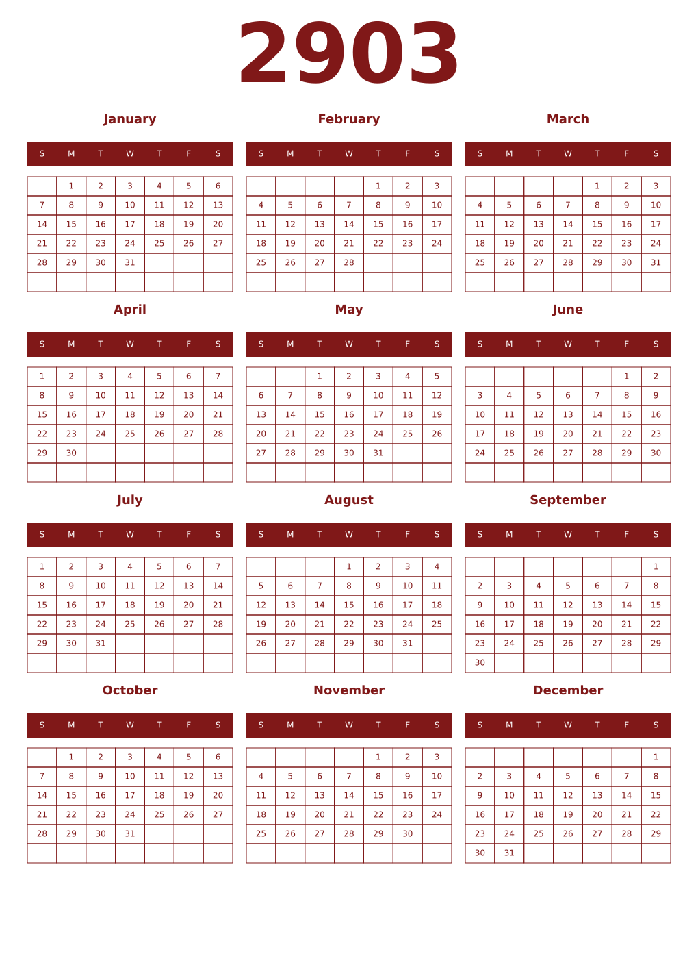 Printable 2903 Year Calendars falu