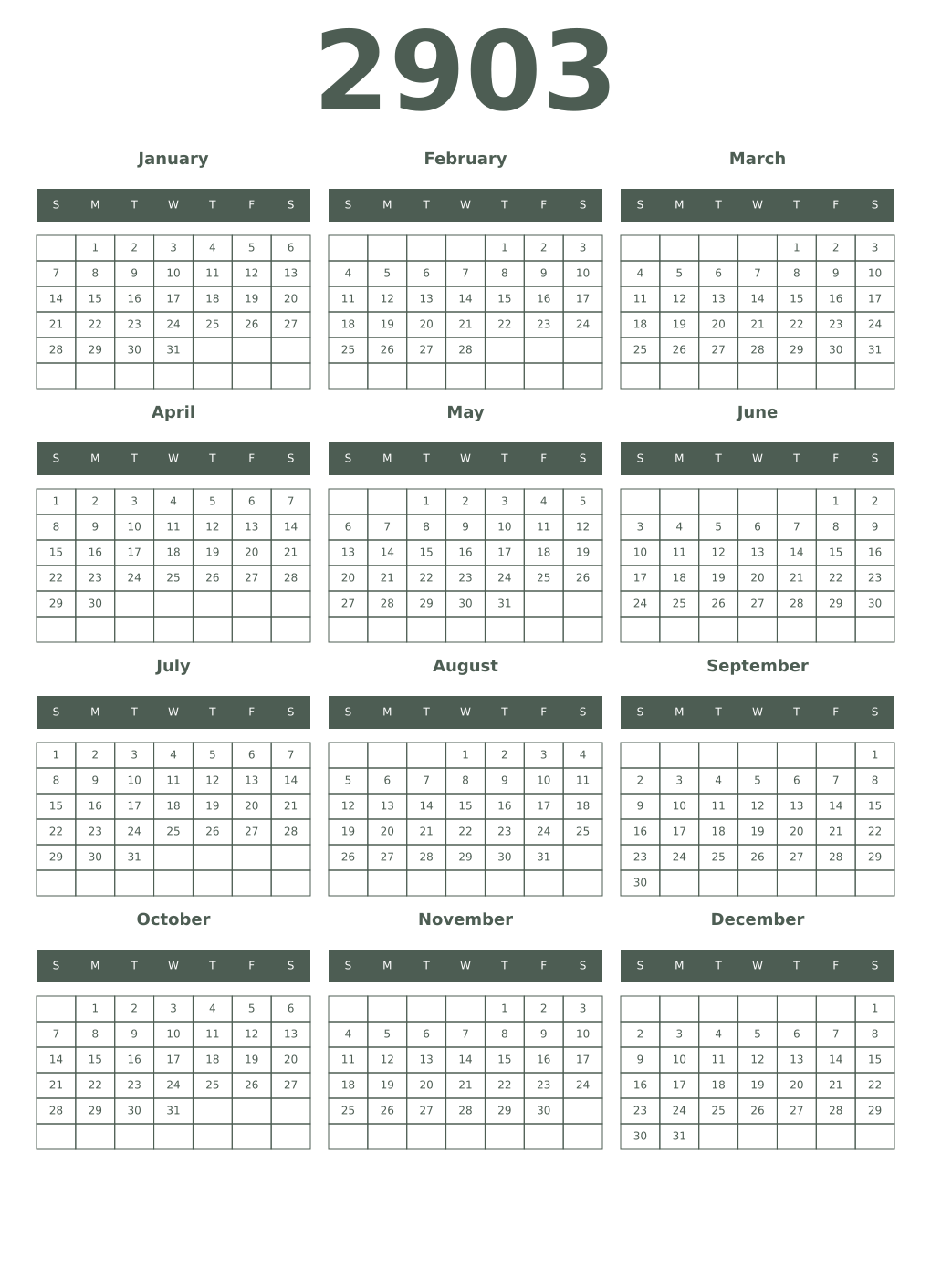 Printable 2903 Year Calendars feldgrau