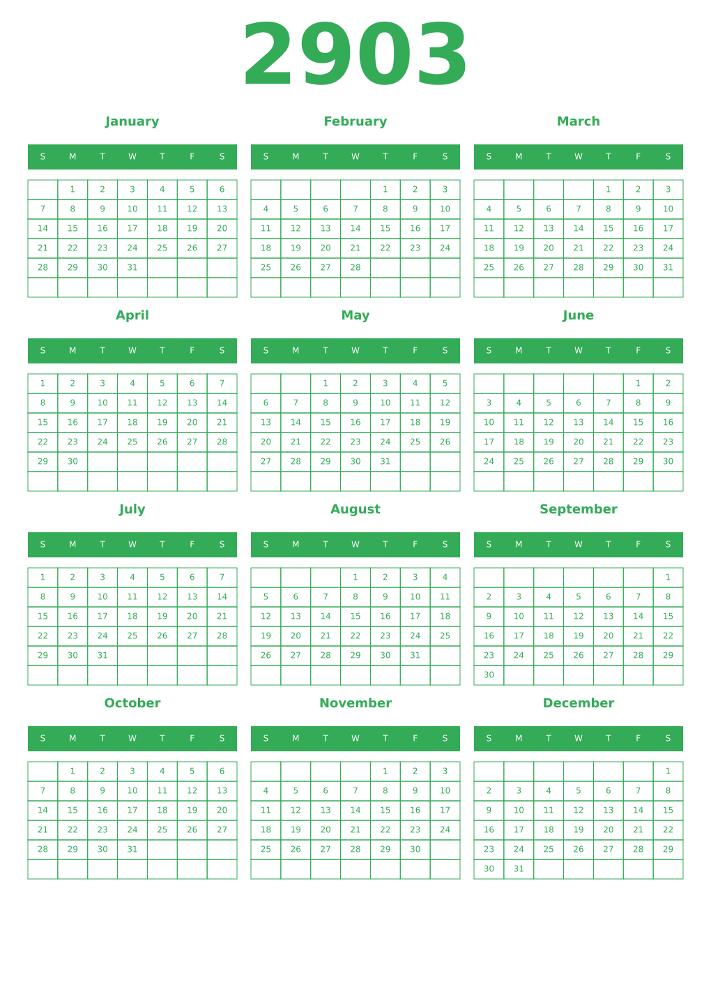 Printable 2903 Year Calendars green
