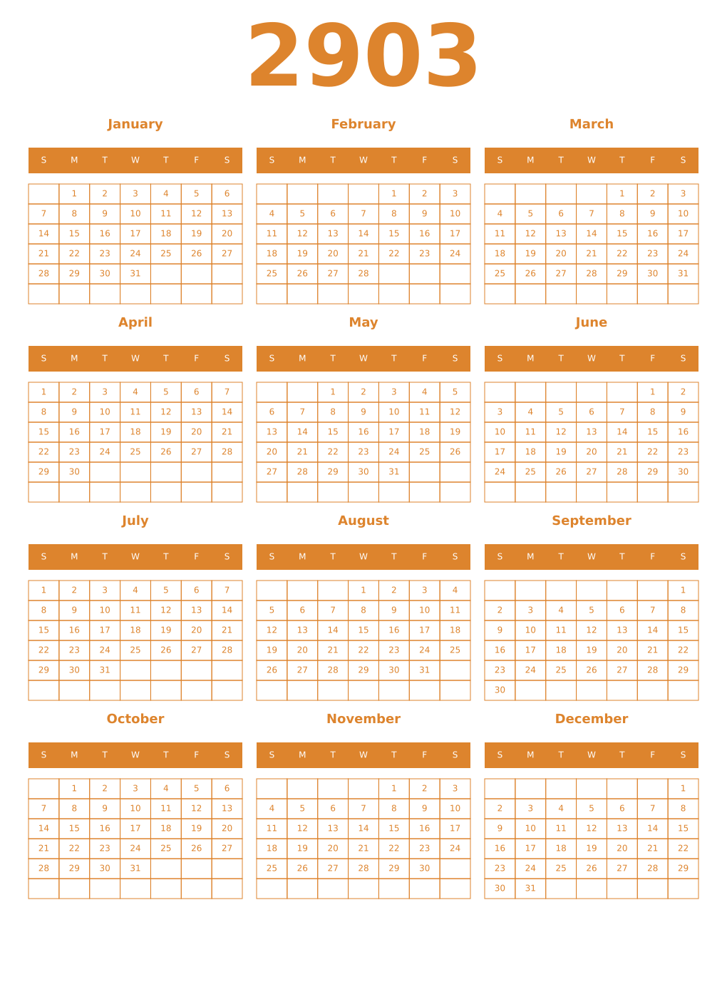 Printable 2903 Year Calendars orange