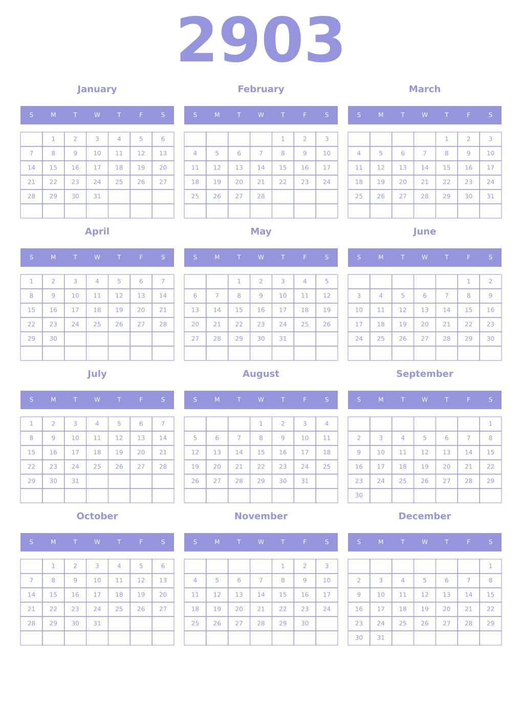 Printable 2903 Year Calendars periwinkle