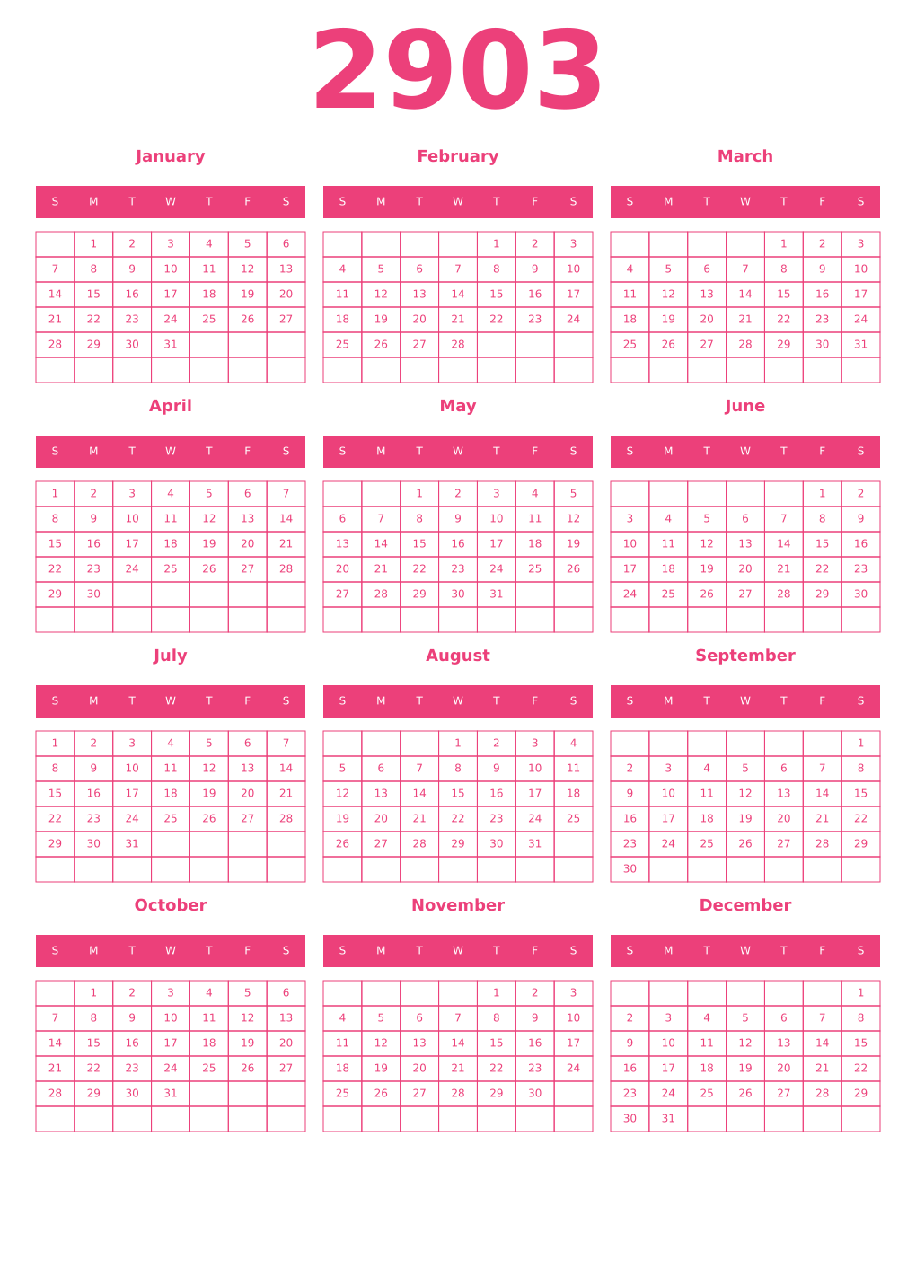 Printable 2903 Year Calendars pink