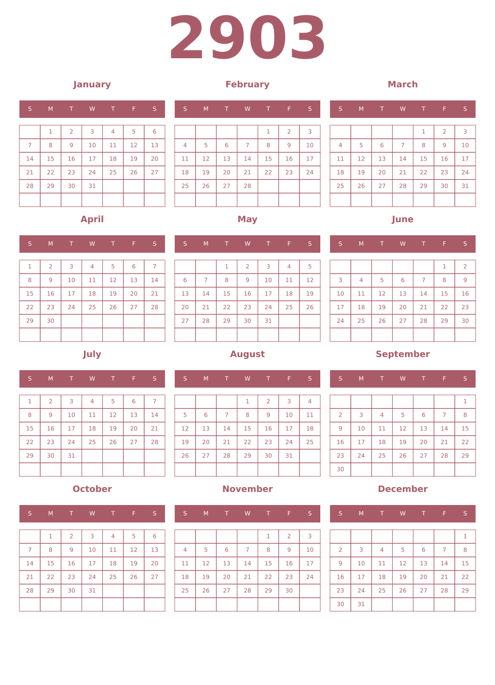 Printable 2903 Year Calendars puce