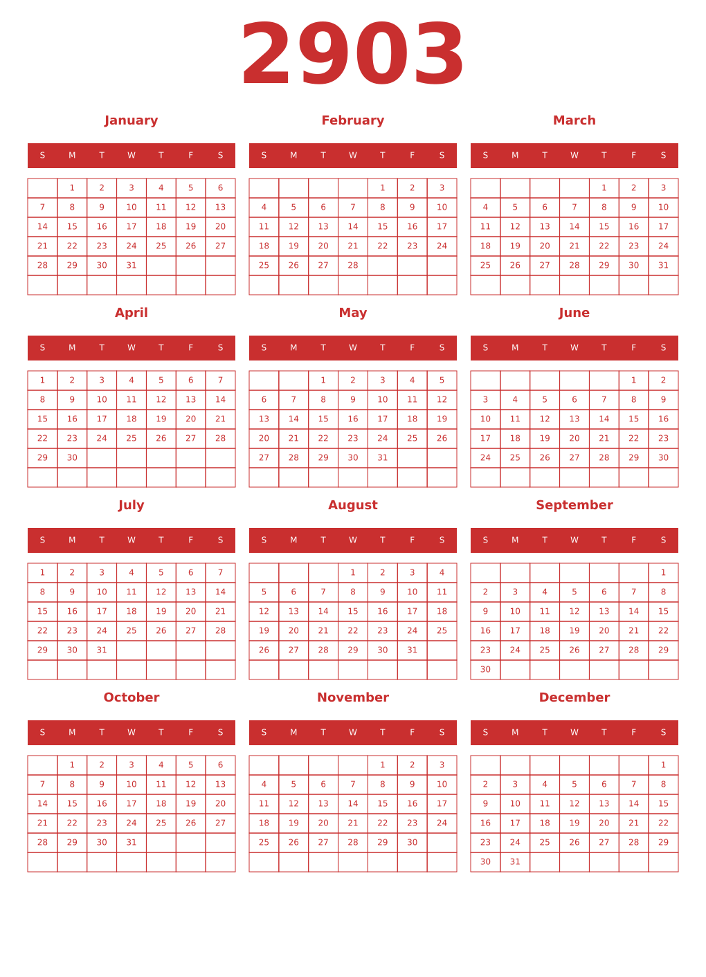 Printable 2903 Year Calendars red