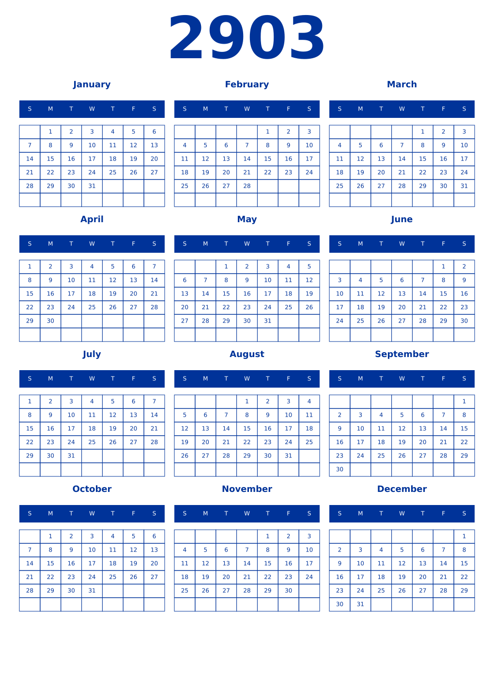 Printable 2903 Year Calendars smalt