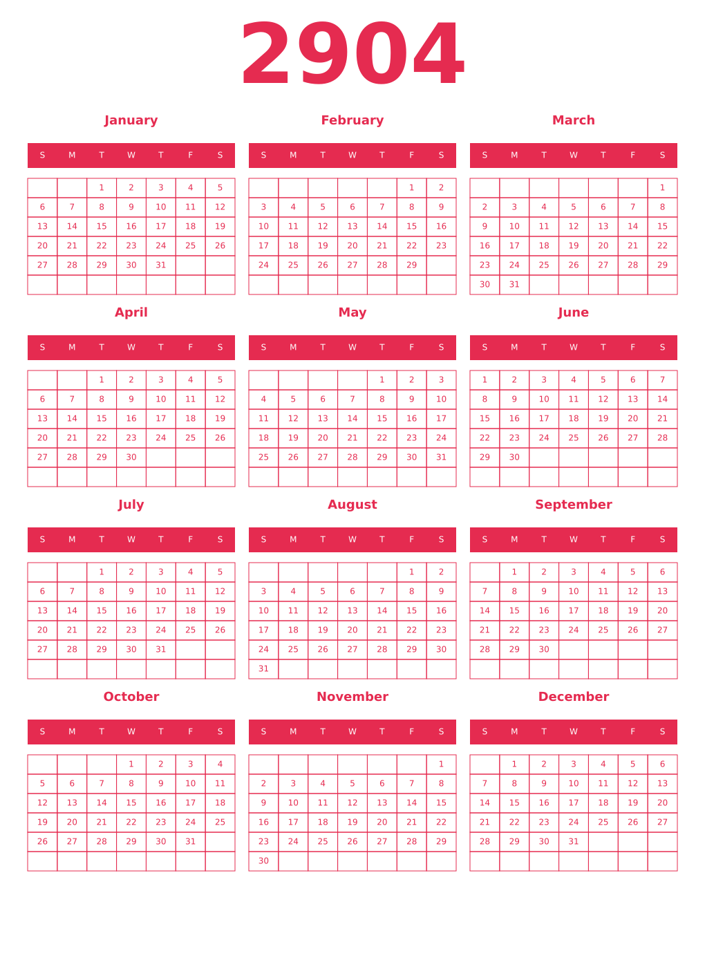 Printable 2904 Year Calendars amaranth