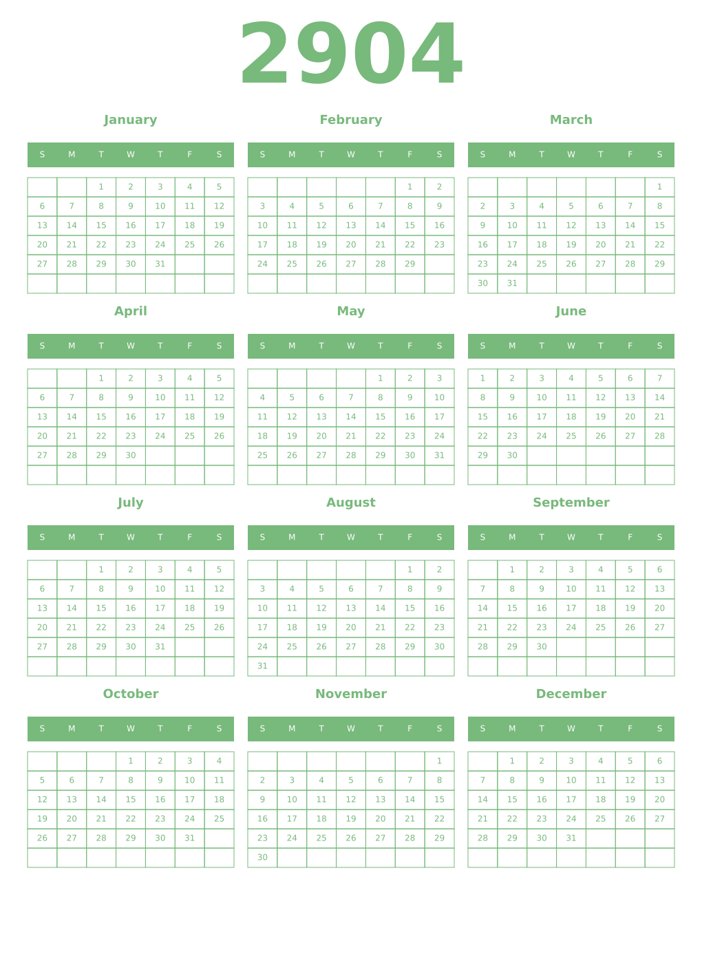 Printable 2904 Year Calendars celadon