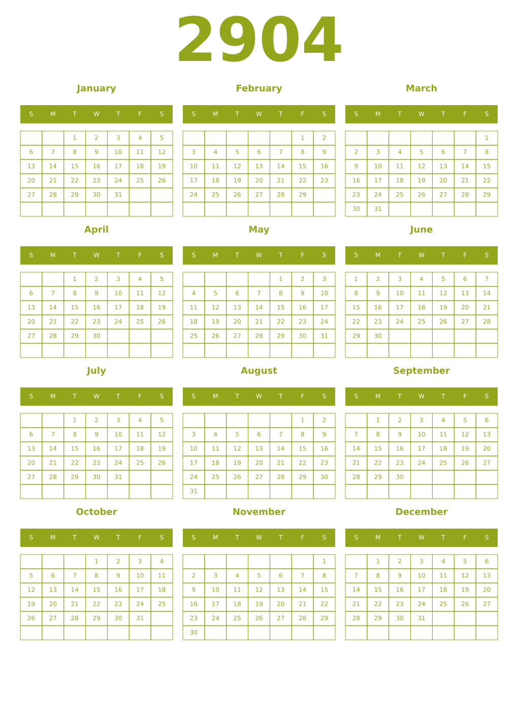 Printable 2904 Year Calendars chartreuse