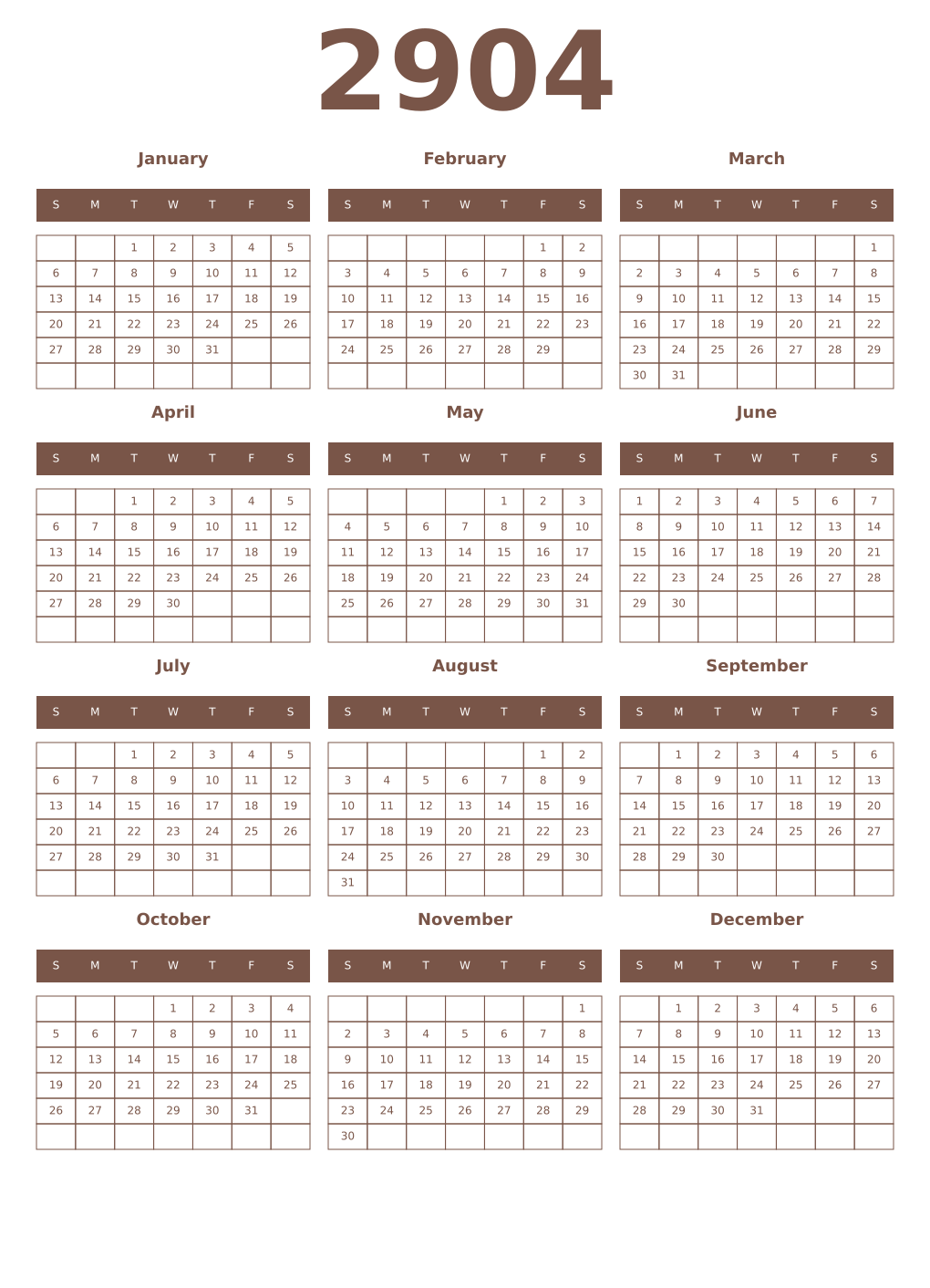 Printable 2904 Year Calendars coffe