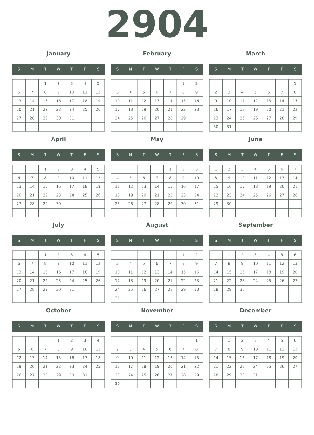 Printable 2904 Year Calendars feldgrau