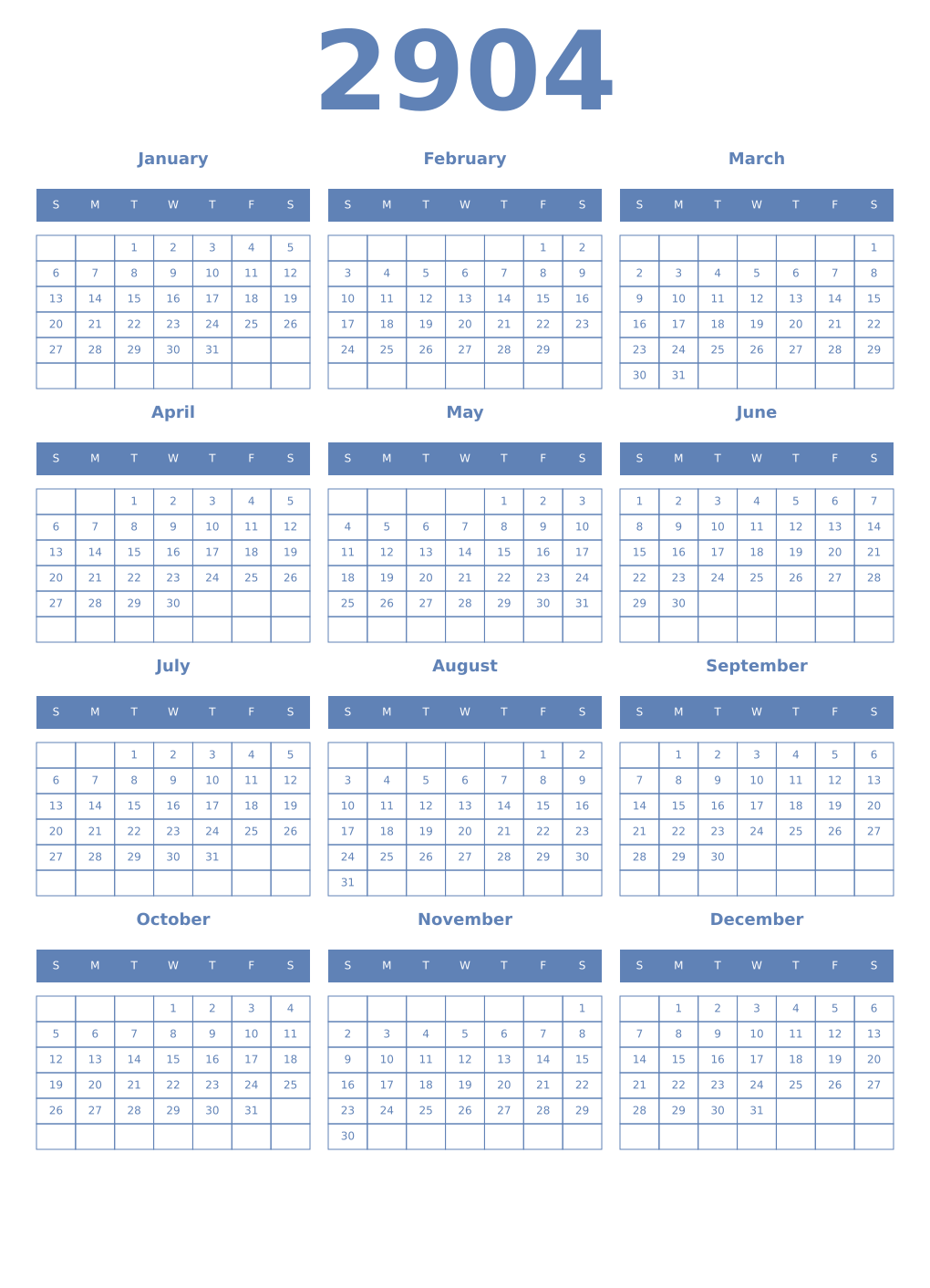 Printable 2904 Year Calendars glaucous