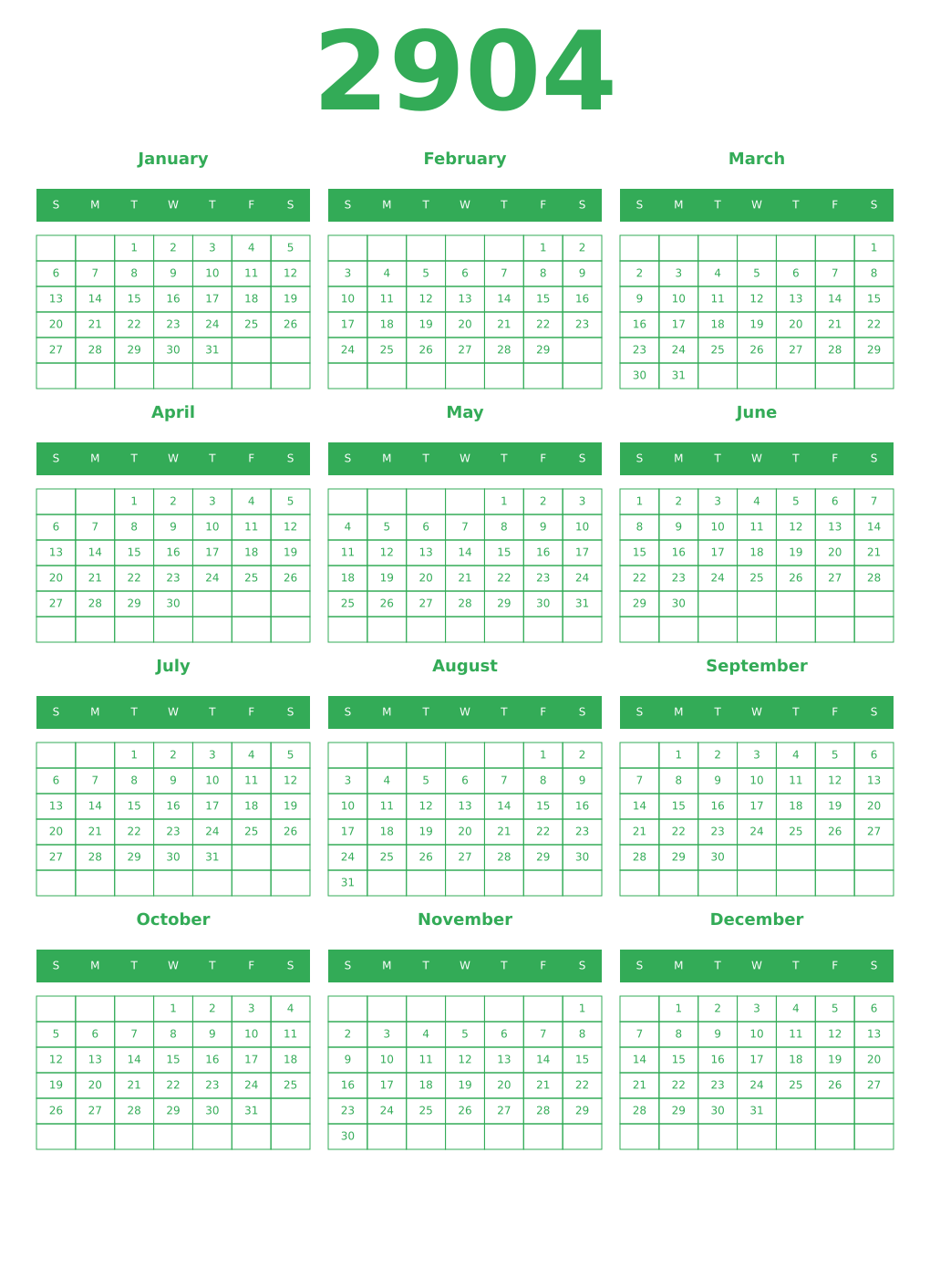 Printable 2904 Year Calendars green